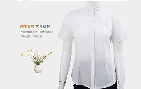 广东白色立领珠花木耳边雪纺女士短袖衬衫
